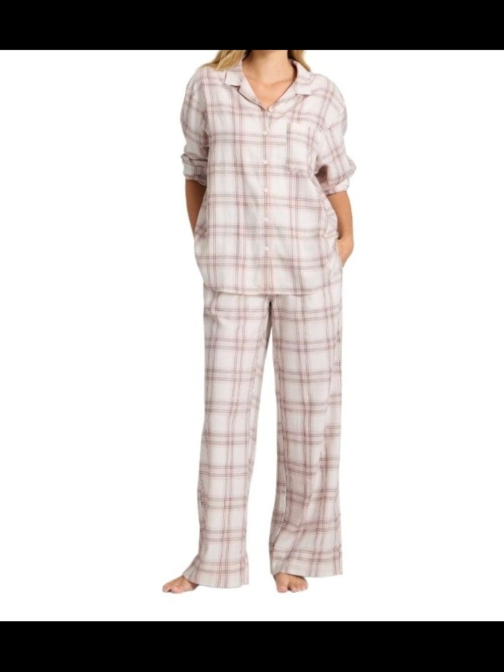 Auden Pink and White Plaid Long Pajama Set
